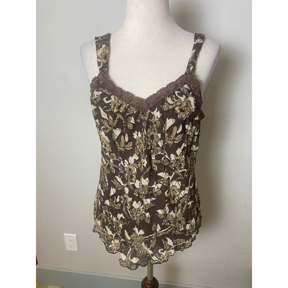 Vintage 90's Y2K Brown Floral Crinkle Camisole Top Crochet Trim Boho Blouse